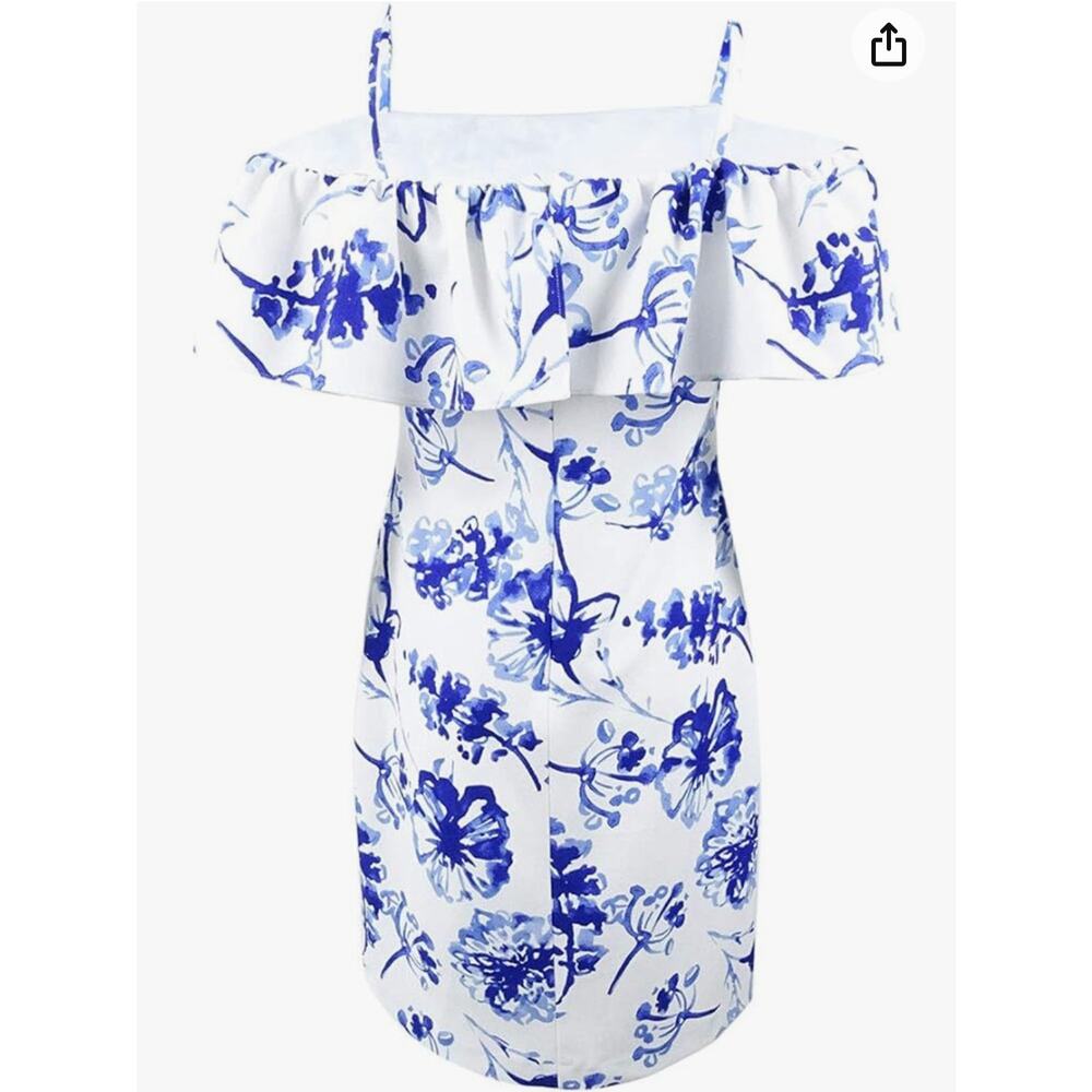 Lauren by Ralph Lauren Women's Cold-Shoulder Floral Crepe Blue And White Dress 8 - Picture 3 of 7